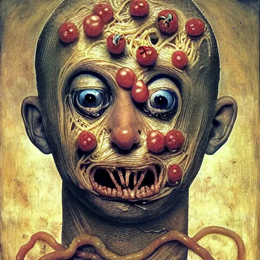 Prompt: a boy made of spaghetti and tomato sauce, looking straight into camera, screaming in desperation, by giuseppe arcimboldo and ambrosius benson, renaissance, fruit, intricate and intense oil paint, a touch of beksinski and hr giger and edward munch, realistic