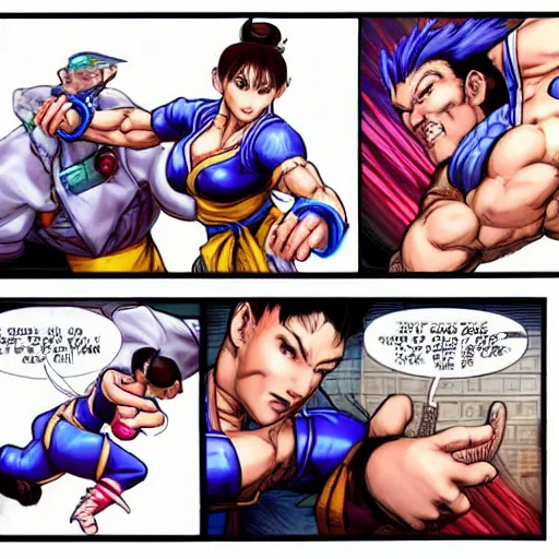 Image similar to chun li fighting hobbs in street fighter v by bill watterson