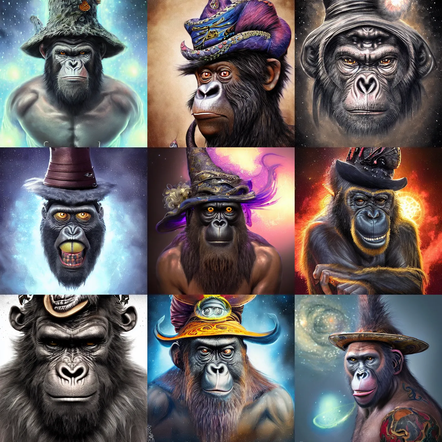 Prompt: a wlop 3 d render of very very very very highly detailed beautiful mystic portrait of a angry voodoo ape in a hat with whirling galaxy around, tattoos by anton pieck, intricate, extremely detailed, digital painting, artstation, concept art, smooth, sharp focus, illustration, intimidating lighting, incredible art,