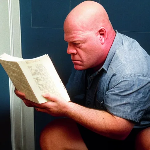 Image similar to a picture of hank schrader with a confused expression sitting on a toilet, reading a book