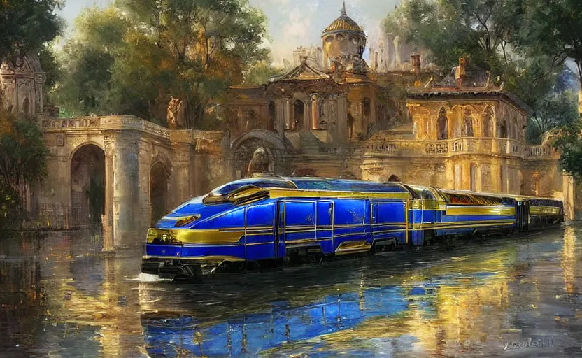 Image similar to Beautiful alchemy urban train that rides inside of a waterway on a fantasy city, next to a fountain and a mystical palace. By Konstantin Razumov, highly detailded