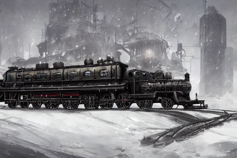 Image similar to a grand intricate futuristic black steam train, the train is themed after willy wonka and the chocolate factory, post - apocalyptic ice landscape in snowstorm, concept art, artstation, highly detailed, digital art