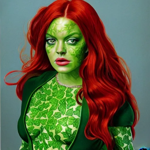 Prompt: portrait of lindsay lohan as poison ivy, wearing a green dress and floral growths, epic details by alex ross