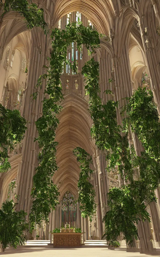 Image similar to beautiful grand cathedral interior with!! koi pond!! in the! middle! surrounded by palm trees, ivy,!! flowers!!, ( tropical plants ),!! roses!!, and with archways, rendered in octane render with photorealistic volumetric cinematic lighting, wide angle, horizontal symmetry, symmetrical! 8 k