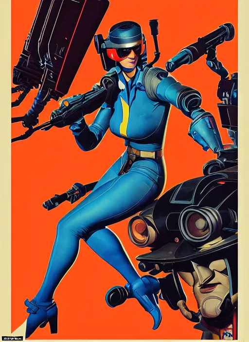 Image similar to american propaganda poster art. powerful cyberpunk pilot. portrait by jean giraud and anton otto fischer and john philip falter and will eisner and gil elvgren and pixar. full body. realistic proportions. science fiction d & d. overwatch, rb 6 s, cyberpunk 2 0 7 7, blade runner 2 0 4 9 concept art. cel shading. thick lines.