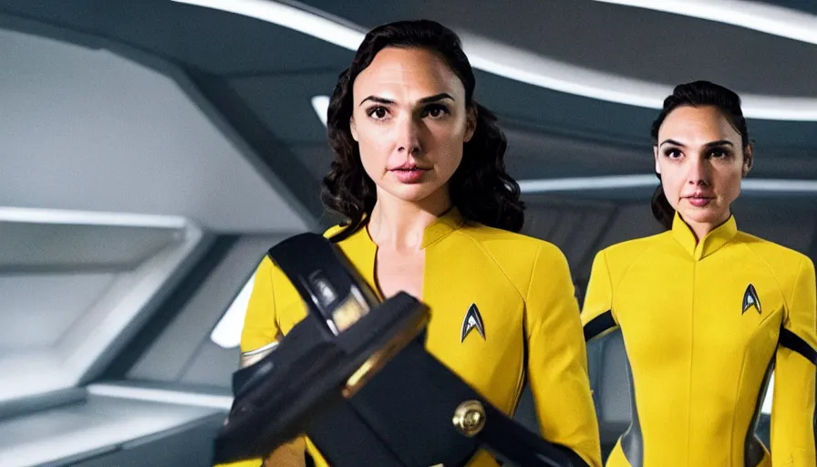 Image similar to Gal Gadot, wearing a yellow uniform, is the captain of the starship Enterprise in the new Star Trek movie