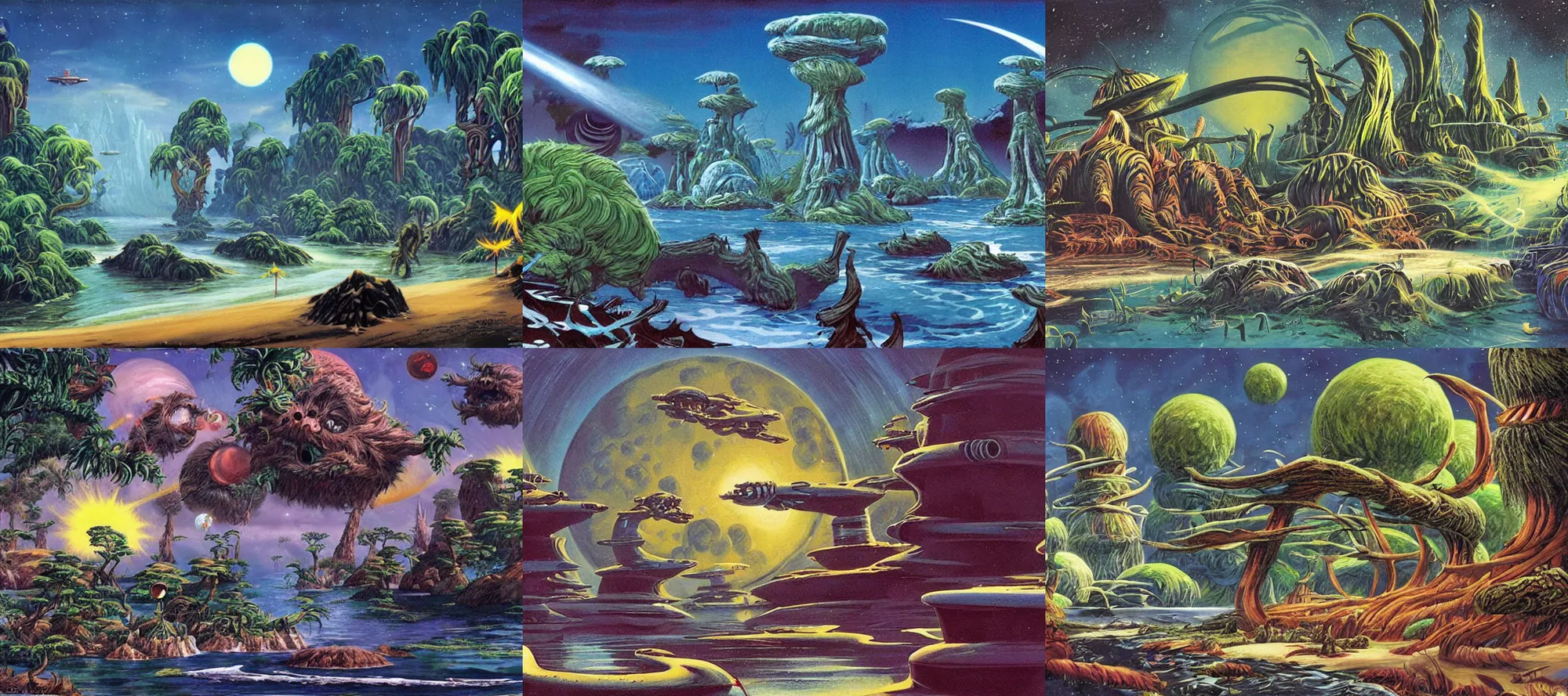 Prompt: kashyyyk in the style of dr. seuss, starships, painting by brothers hildebrandt