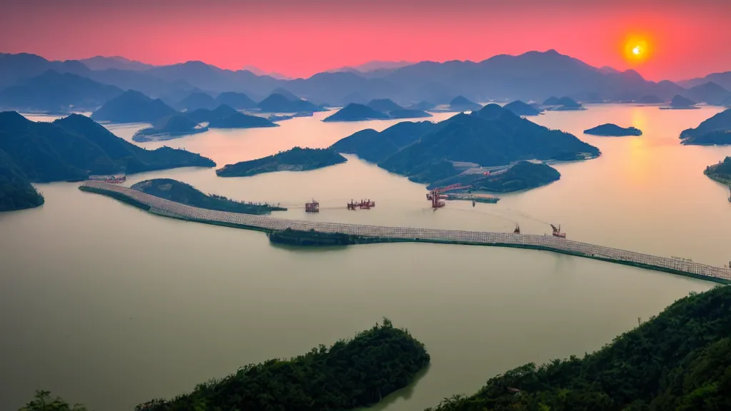 Image similar to A beautiful view of Three Gorges Dam in evening sunset time, magical sky