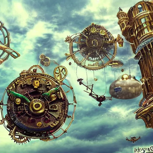 Image similar to flying city in a mechanical flower, sky, fantasy art, steampunk, masterpiece