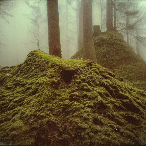 Image similar to a mossy rock pyramid in the middle of a forest clearing, foggy, eerie, creepy, unsettling, lost footage, old polaroid, expired film,