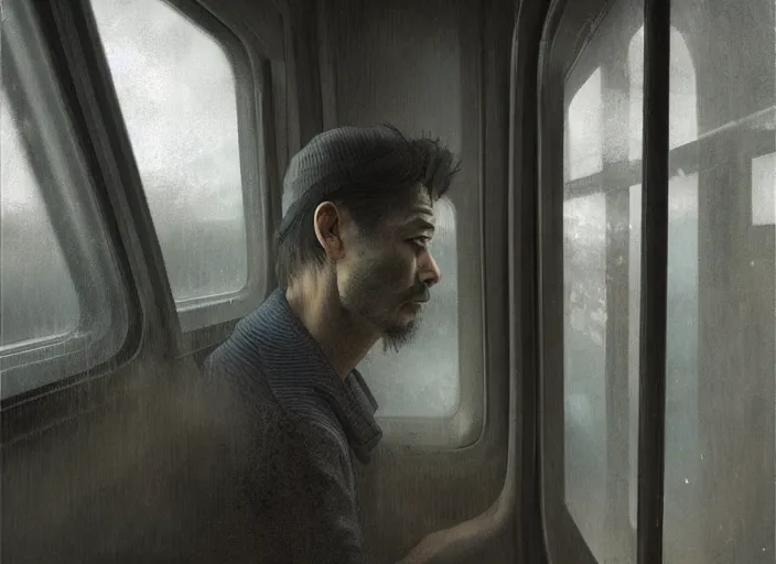 Prompt: man looks out of a train window, dim lighting, lonely, digital art, by wlop, by yoshitaka amano, highly detailed, expressive painting, moody, octane render