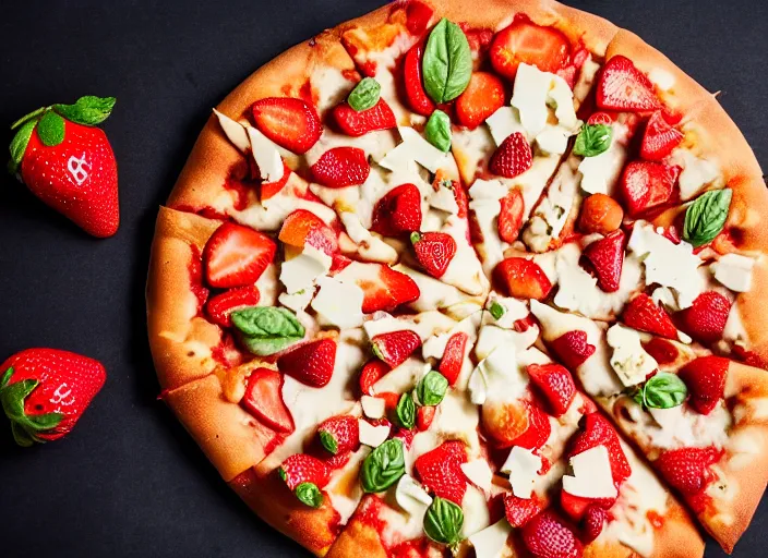 Prompt: A delicious plate of a big pizza with strawberries on, extra cheese, close up food photography, studio lighting, Sigma 35mm f/1.4