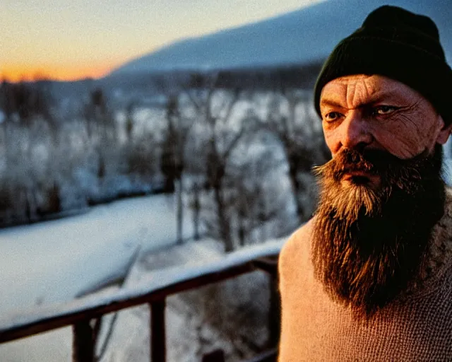 Image similar to lomographic tarkovsky film still of 4 0 years russian man with beard and sweater standing on small hrushevka 9 th floor balcony in taiga looking at sunset, perfect faces, cinestill, bokeh