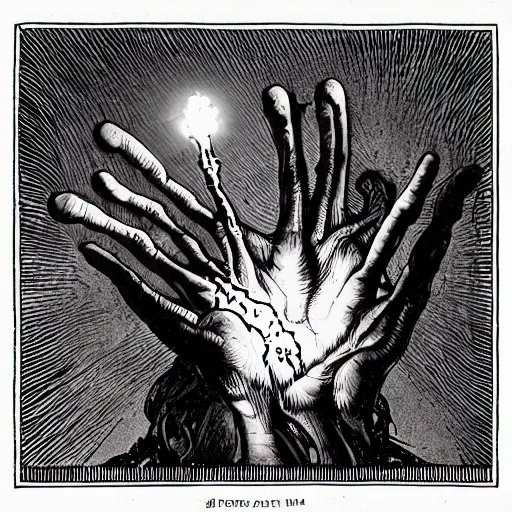 Image similar to portrait of glowing hand casting holy spell , in the style of Greg Broadmore and junji ito and Arthur Rackham and Moebius, trending on artstation, light lighting side view,digital art,surrealism ,macro,blueprint ,vaporwave ,