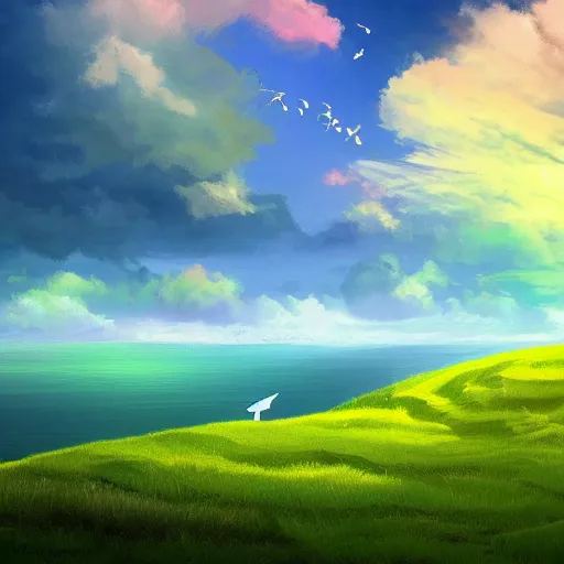 Image similar to a beautiful clean digital art of a landscape with lush green pastures and a beach with birds flying in the sky with white fluffy clouds, a colorful color palette, trending on artstation, 4 k