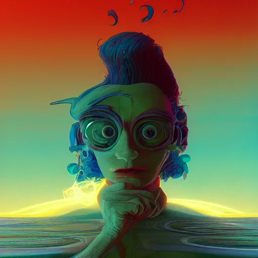 Prompt: colourful breathtakingly weird beautiful powerful magical wonderfully majestic beautifully cool character by michael whelan and moebius and beeple and dan mcpharlin and pascal blanche and jamie hewlett and richard dadd, symmetrical, magical stormy reflections, smoke on water, 8 k artstation