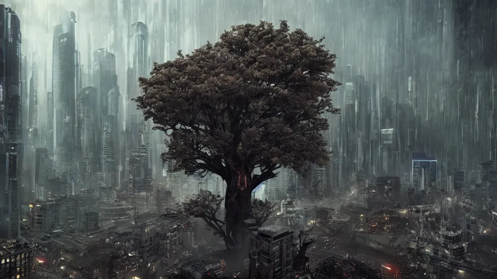 Image similar to a terrifying tree destroying a dystopian city, cyberpunk, sharp focus, dynamic lights, still, photograph, hyper realistic, masterpiece, octane render, rendered, 3 d, cinematic, cinematic lighting, dramatic lighting, highly detailed, intricate details, texture, cinematic composition, wide shot, by donglu yu and kevin jick and eddie del rio