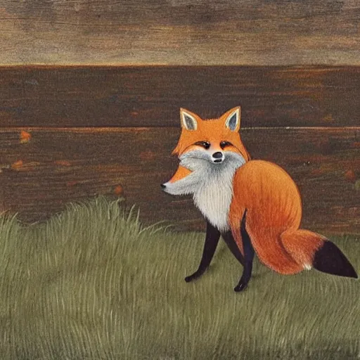 Image similar to one lone fox ontop a wooden fence, painted by da vinci