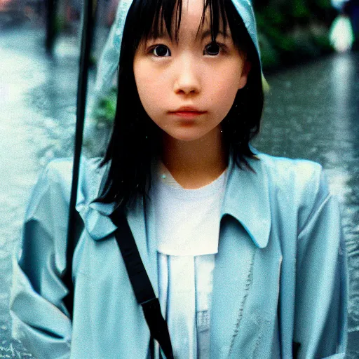 Image similar to 1990s perfect 8K HD professional cinematic photo of close-up japanese schoolgirl posing in sci-fi dystopian alleyway at morning during rain, at instagram, Behance, Adobe Lightroom, with instagram filters, depth of field, taken with polaroid kodak portra