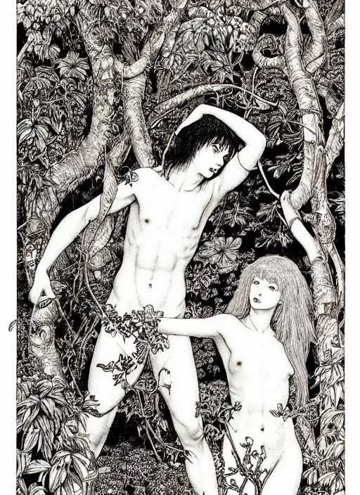 Image similar to adam and eve in eden garden, by Vania Zouravliov and Takato Yamamoto, high resolution