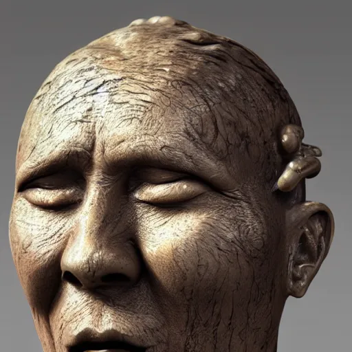 Prompt: photorealistic fossilised bronze sculpture face portrait of chinese uyghur muslim prisoner, wearing victorian rags, elite, disfigured, drooling, moist, unnatural movement, they are unhappy, bizzaro, renaissance, by emedios varo and anato finnstark and fenghua zhong and giacometti, hyperrealism, 8 k, 3 d, masterpiece, texture