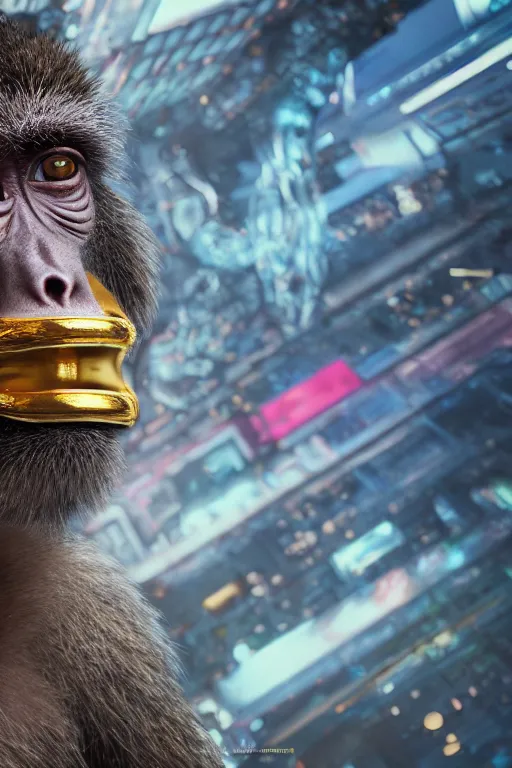 Prompt: Photography of ultra mega super hyper realistic detailed monkey in cyberpunk suit with many details by Hiromasa Ogura . Photo made from 30 meters distance on Leica Q2 Camera, Rendered in VRAY and DaVinci Resolve and MAXWELL and LUMION 3D, Volumetric cyan gold natural light