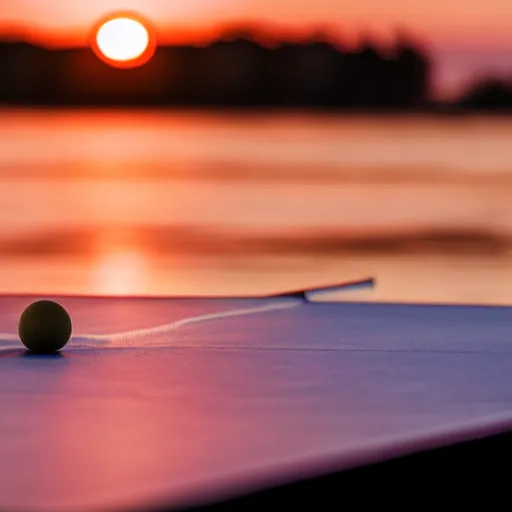 Image similar to Table Tennis bat on a table in front of a sunset at the seaside