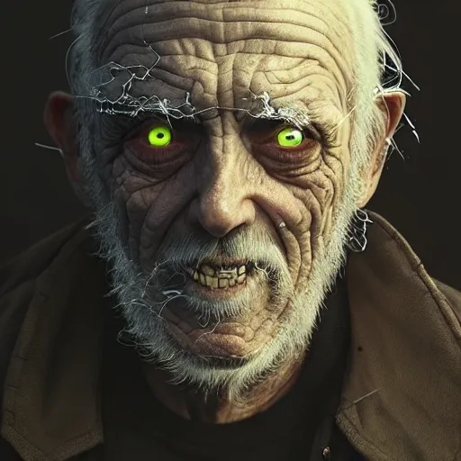 Prompt: an old man with thick thick thick cobwebs cobwebs cobwebs covering his entire face, cobwebs, spooky, atmosphere, detailed, realistic, unreal engine, cgsociety, by wlop and artgerm