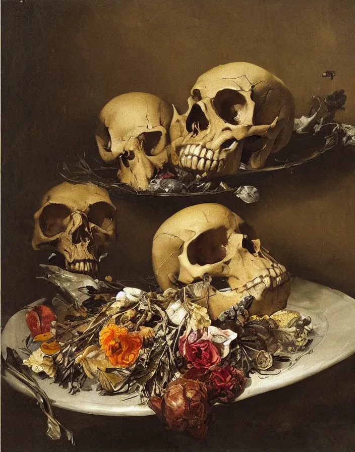 Prompt: still life painting with one skull on a silver platter surrounded by dead flowers and rotten fruit, light from one candle by Diego Velázquez and francisco goya, anatomical, realistic, wet, slimy