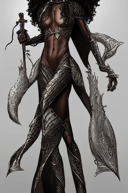 Prompt: beautiful ninja african princess with an afro. wearing cloak, medieval body armor, artgerm, trending on artstation, character concept art, border and embellishments inspired by giger.
