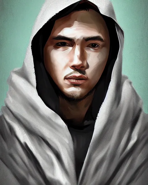 Image similar to digital art portrait of a young man in dark robes, hooded, made by WLOP, WLOP