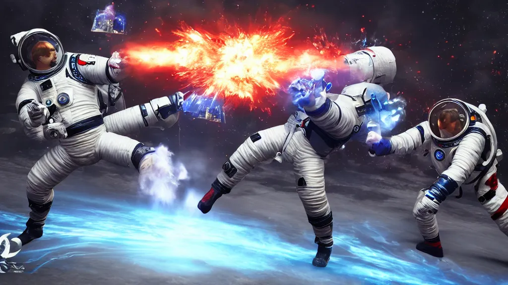 Prompt: an astonaut fighting a cosmonaut. VS fighting, videogame versus game UI, game UI, tekken, street fighter, mortal kombat, side camera, life bars, win count, countdown, playstation game, xbox game, unreal engine, 8k, 4k,