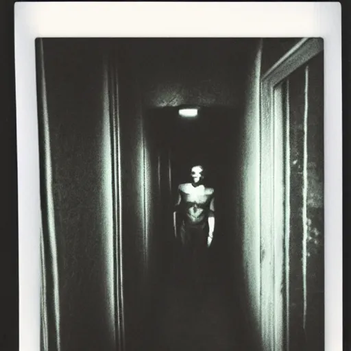 Image similar to tarman from the return of the living dead at the end of a dark hallway, polaroid,