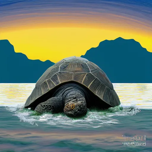 Prompt: giant tortoise coming out of the sea between the mountains, sunset, it carries a small house on its shell, digital art