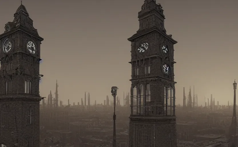 Image similar to an asymetric clocktower, looming above an early 1900s industrial english cityscape at dusk, by tim burton, by zdzislaw beksinski, by igor morski, by laurie lipton, photorealistic, realistic shadows, Burtonesque, German expressionism, 3d, rendered in octane, rendered in lumion, matte painting