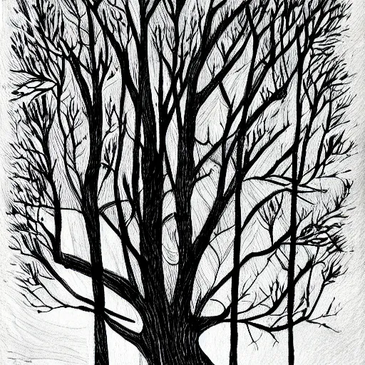 Image similar to dark trees illustration, dark fantasy, black ink on white paper, sketched 4k