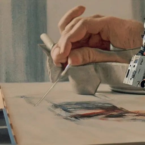 Image similar to a film still of a painter sitting at a table being dragged from his drawing table by a robot