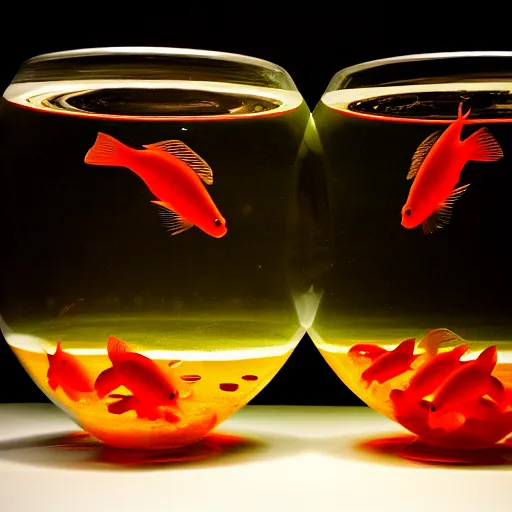 Image similar to two goldfishes swimming in the same fishbowl in a wong kar wai movie, photorealistic, 3 5 mm