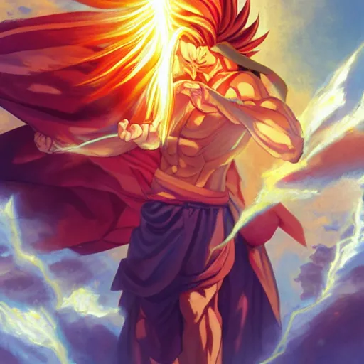 Prompt: Jesus christ transforming in super Saiyan while holding a shiny Sacred Heart, by Stanley Artgerm Lau, WLOP, Rossdraws, James Jean, Andrei Riabovitchev, Marc Simonetti, Yoshitaka Amano, ArtStation, CGSociety,