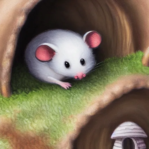 Prompt: cute fluffy mouse sitting under a mushroom house detailed painting 4 k