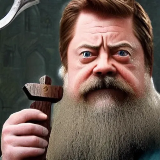 Prompt: ron swanson is a white haired, bearded dwarven cleric carrying a holy symbol in his right hand and a holy sword in his left hand