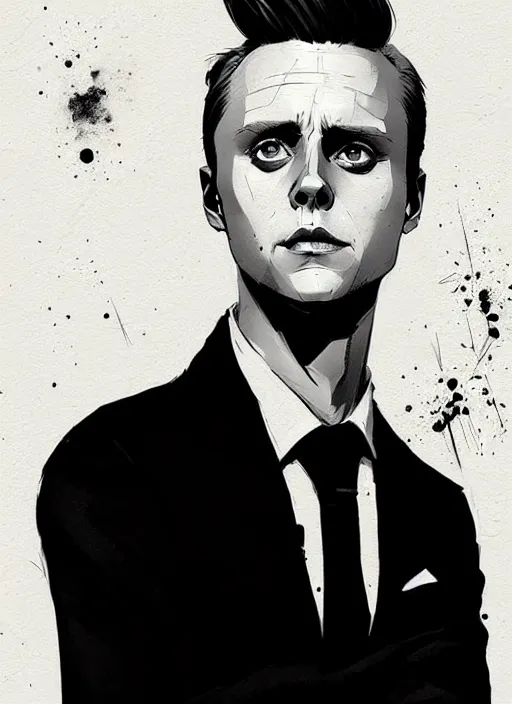 Image similar to highly detailed closeup portrait of martin wallstrom, tyrell wellick, slick back hair wearing suit by atey ghailan, by greg rutkowski, by greg tocchini, by james gilleard, by joe fenton, by kaethe butcher, gradient blue, black and white only color scheme, grunge aesthetic!!! ( ( graffiti tag wall background ) )