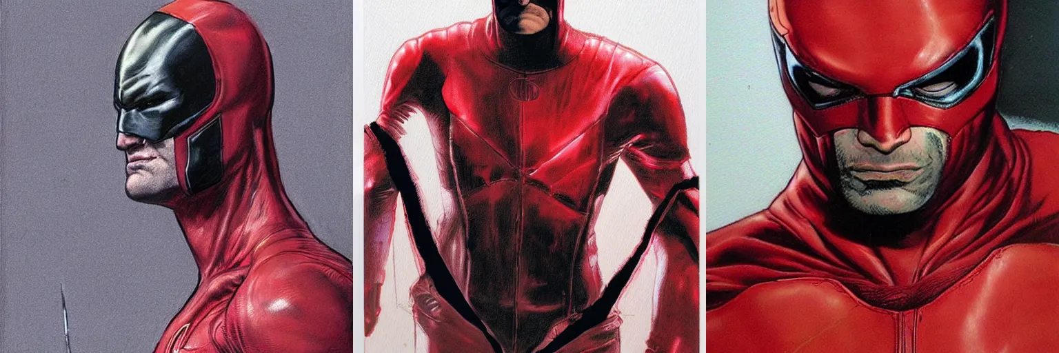 Prompt: daredevil concept art leather suit billy stick head portrait painted by travis charest