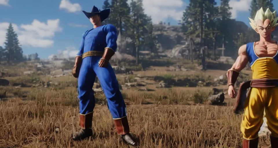 Image similar to Screenshot of Vegeta as a 3d cowboy in full cowboy attire in the videogame 'Red Dead Redemption 2'. Sharpened. 1080p. High-res. Ultra graphical settings.