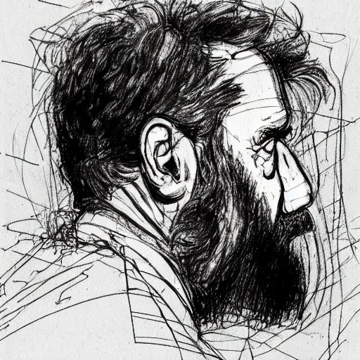Prompt: a realistic yet scraggly portrait sketch of the side profile of a stern and sophisticated the big lebowski, trending on artstation, intricate details, in the style of frank auerbach, in the style of sergio aragones, in the style of martin ansin, in the style of david aja, in the style of mattias adolfsson