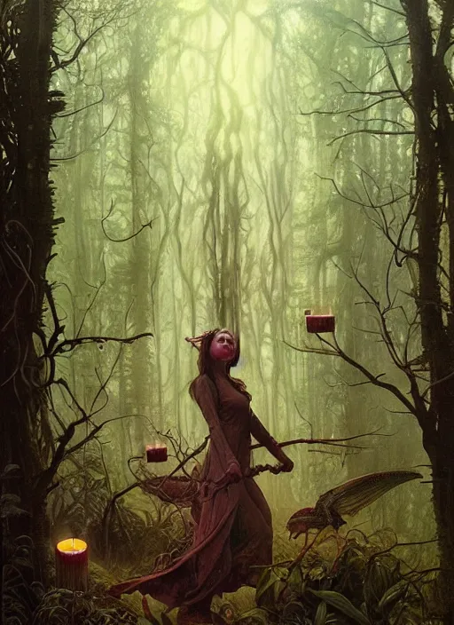 Image similar to a hyper realistic witch shrine, candles, in the woods, distant explosions, gorgeous lighting, lush forest foliage, painting by chiara bautista and tom bagshaw, mucha, beksinski and norman rockwell and greg rutkowski weta studio, and lucasfilm