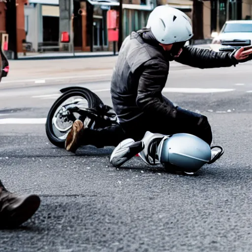 Prompt: man wearing a helmet, being hit by a car and falling off of his motorcycle