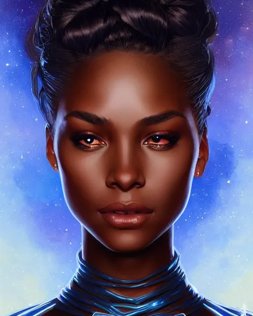 Image similar to Portrait of very very very very very very beautiful black woman, spacesuit, blue eyes, intricate, elegant, highly detailed, digital painting, artstation, concept art, smooth, sharp focus, illustration, art by artgerm and greg rutkowski and alphonse mucha