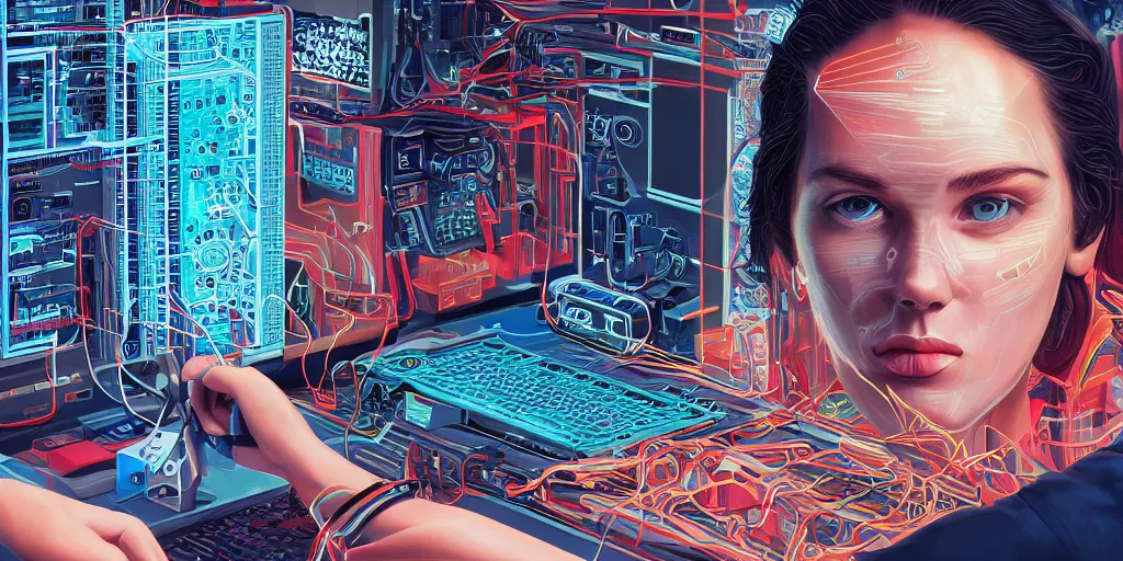 Image similar to portrait of computer & circuits, computer virusm, 8 k, by tristan eaton, trending on deviantart, face enhance, hyper detailed, minimalist, super detailed, cinematic, unreal engine, octane render, chalk texture on canvas