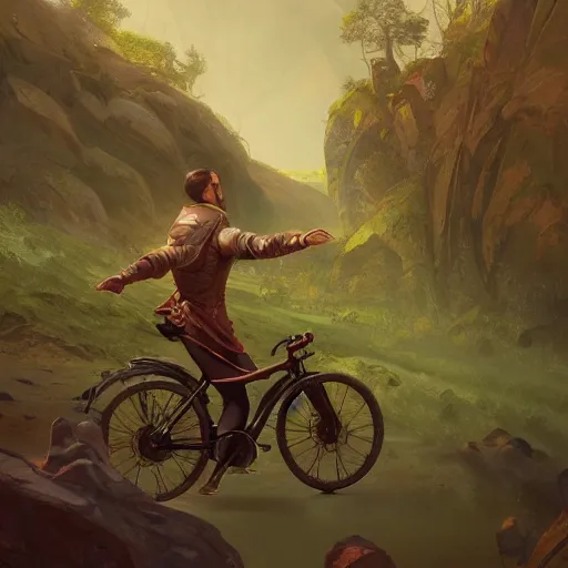 Image similar to man with receding hairline riding bike, intricate, elegant, highly detailed, digital painting, artstation, concept art, matte, illustration, hearthstone, art by artgerm and greg rutkowski and alphonse mucha, simon stalenhag, hyperreal